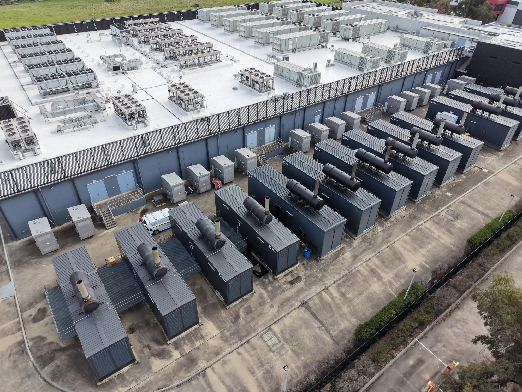 Data center with server infrastructure and backup power generators